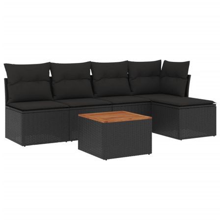 Salon de jardin 6 pcs avec coussins noir résine tressée