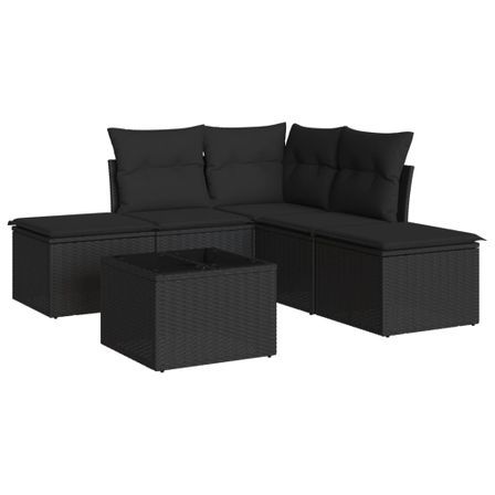 Salon de jardin 6 pcs avec coussins noir résine tressée