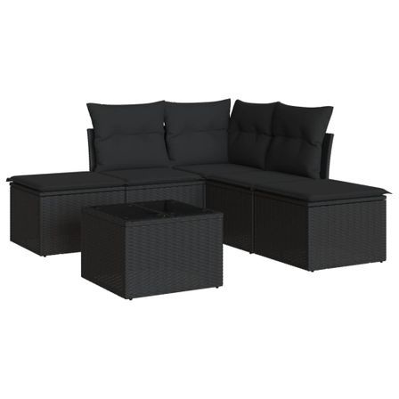 Salon de jardin 6 pcs avec coussins noir résine tressée