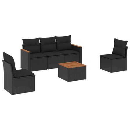 Salon de jardin 6 pcs avec coussins noir résine tressée