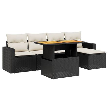 Salon de jardin 6 pcs avec coussins noir résine tressée