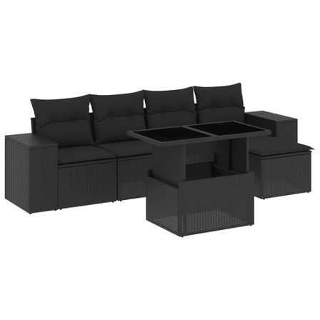 Salon de jardin 6 pcs avec coussins noir résine tressée