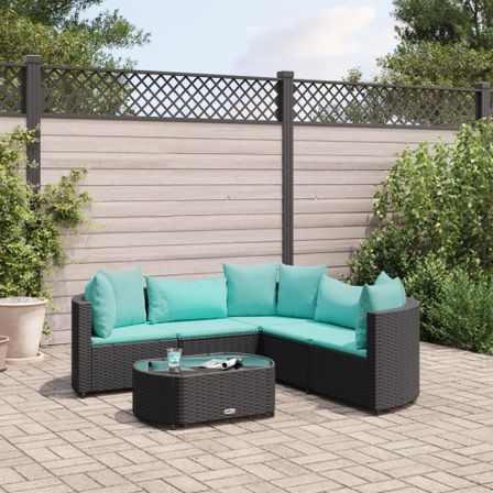 Salon de jardin 6 pcs avec coussins noir résine tressée