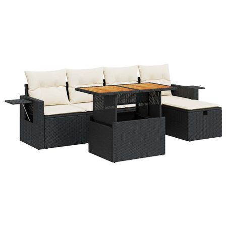 Salon de jardin 6 pcs avec coussins noir résine tressée acacia