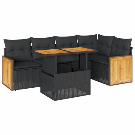 Salon de jardin 6 pcs avec coussins noir résine tressée acacia