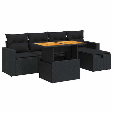 Salon de jardin 6 pcs avec coussins noir résine tressée acacia