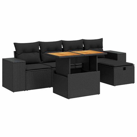 Salon de jardin 6 pcs avec coussins noir résine tressée acacia
