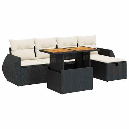 Salon de jardin 6 pcs avec coussins noir résine tressée acacia