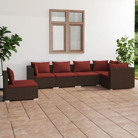 Salon de jardin 6 pcs avec coussins Résine tressée Marron