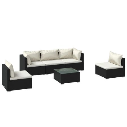 Salon de jardin 6 pcs avec coussins Résine tressée Noir 16
