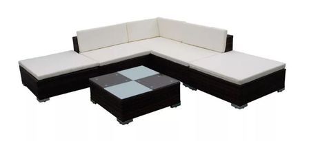Salon de jardin 6 pièces résine tressée marron coussins blanc Kim
