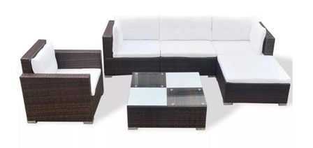 Salon de jardin 6 pièces résine tressée marron coussins blanc Kim 2