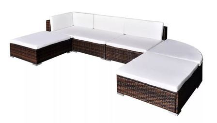 Salon de jardin 6 pièces résine tressée marron coussins blanc Mik