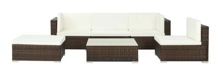 Salon de jardin 6 pièces résine tressée marron et coussins blanc Blanca