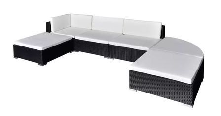 Salon de jardin 6 pièces résine tressée noir coussins blanc Mik