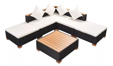 Salon de jardin 6 pièces résine tressée noir coussins blancs Kimberly