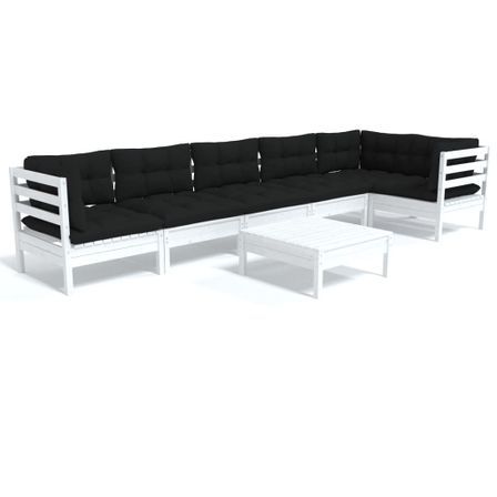 Salon de jardin 7 pcs avec coussins Blanc Bois de pin