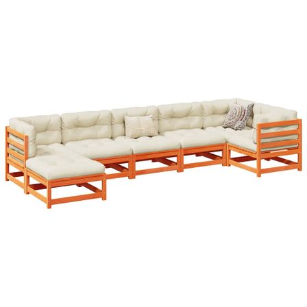 Salon de jardin 7 pcs avec coussins cire marron bois pin massif