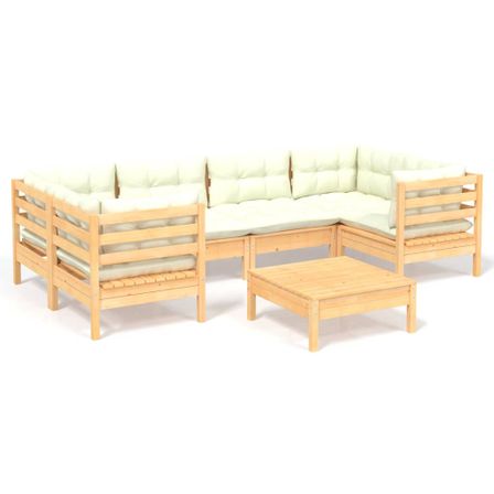 Salon de jardin 7 pcs avec coussins crème Bois de pin 10