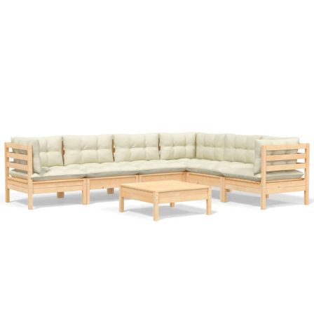 Salon de jardin 7 pcs avec coussins crème Bois de pin solide