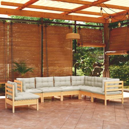 Salon de jardin 7 pcs avec coussins crème Bois de pin solide