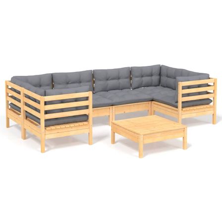 Salon de jardin 7 pcs avec coussins gris Bois de pin 4