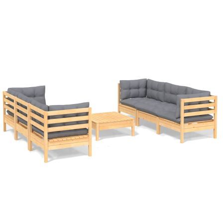 Salon de jardin 7 pcs avec coussins gris Bois de pin
