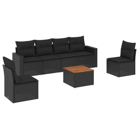 Salon de jardin 7 pcs avec coussins noir résine tressée