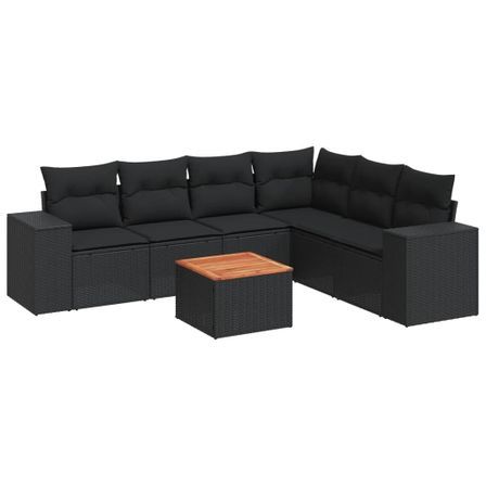 Salon de jardin 7 pcs avec coussins noir résine tressée