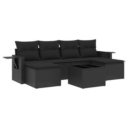 Salon de jardin 7 pcs avec coussins noir résine tressée