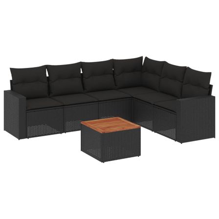 Salon de jardin 7 pcs avec coussins noir résine tressée