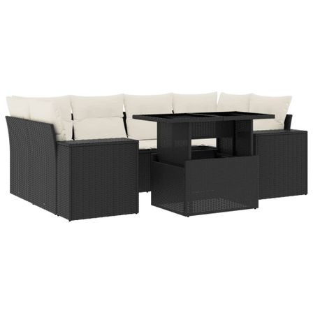 Salon de jardin 7 pcs avec coussins noir résine tressée