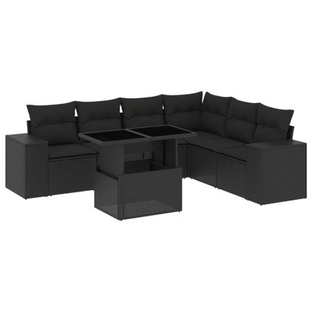 Salon de jardin 7 pcs avec coussins noir résine tressée