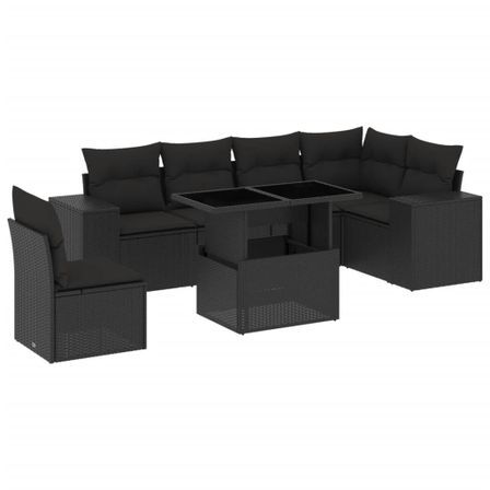 Salon de jardin 7 pcs avec coussins noir résine tressée