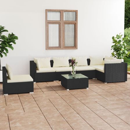 Salon de jardin 7 pcs avec coussins Résine tressée Noir