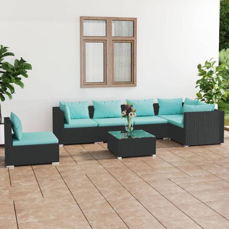 Salon de jardin 7 pcs avec coussins Résine tressée Noir