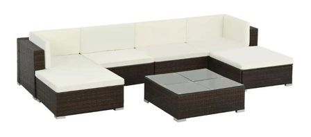 Salon de jardin 7 pièces résine tressée marron et coussins blanc Blanca