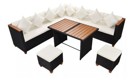 Salon de jardin 7 pièces résine tressée noir et coussins blanc Kimberly 2