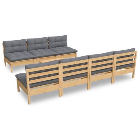 Salon de jardin 8 pcs avec coussins gris Bois de pin 2