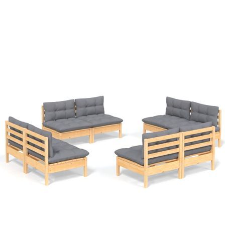 Salon de jardin 8 pcs avec coussins gris Bois de pin