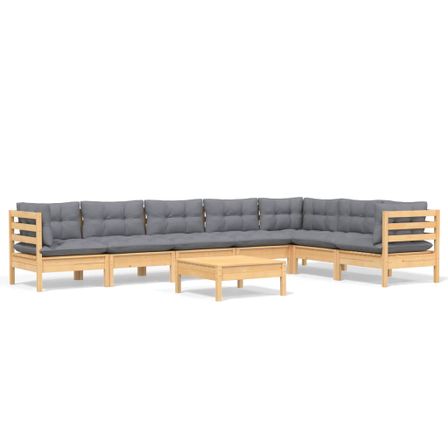 Salon de jardin 8 pcs avec coussins gris Bois de pin solide 5