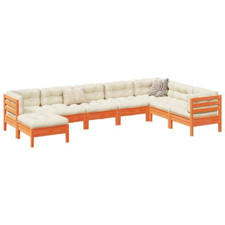 Salon de jardin 8 pcs avec coussins marron cire bois pin massif