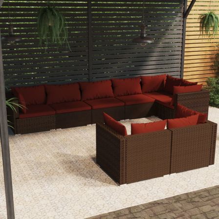 Salon de jardin 8 pcs avec coussins Marron Résine tressée