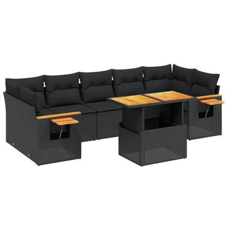 Salon de jardin 8 pcs avec coussins noir résine tressée