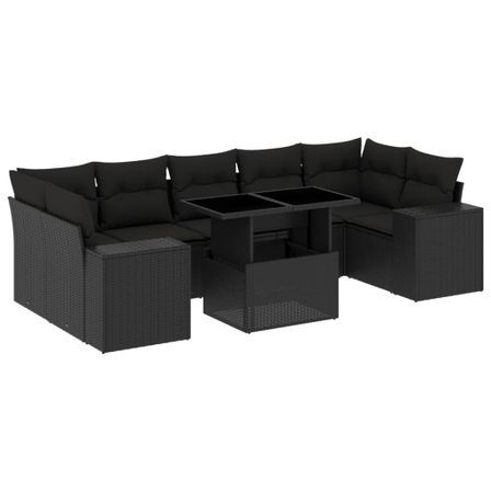 Salon de jardin 8 pcs avec coussins noir résine tressée
