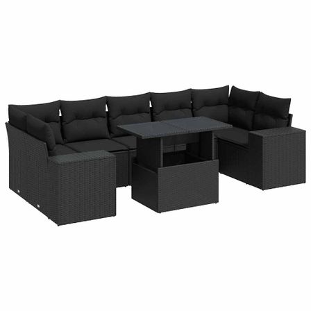 Salon de jardin 8 pcs avec coussins noir résine tressée