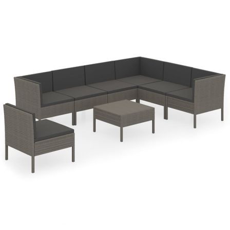 Salon de jardin 8 pcs avec coussins Résine tressée Gris 48