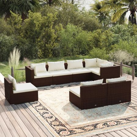 Salon de jardin 8 pcs avec coussins résine tressée marron