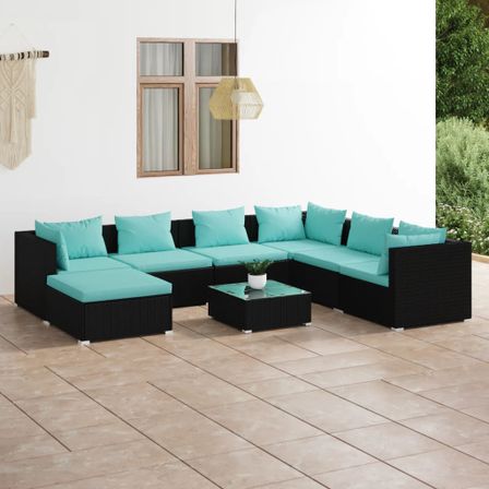 Salon de jardin 8 pcs avec coussins Résine tressée Noir