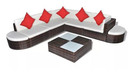 Salon de jardin 8 pièces résine tressée marron coussins blanc Bellaza